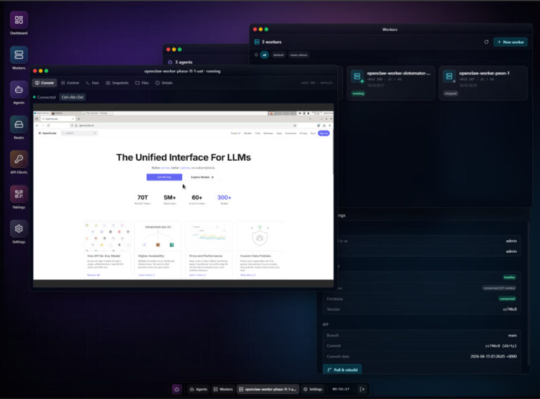 Bildschirmfoto einer dunklen Verwaltungsoberfläche mit violettem Farbverlauf im Hintergrund. Links eine schmale Symbolleiste mit den Einträgen Dashboard, Workers, Agents, Nodes, API Clients, Pairings und Settings. Rechts oben ein Fenster für Worker mit drei Kacheln, von denen eine als laufend und eine als gestoppt markiert ist. In der Mitte ein Konsolenfenster, das eine eingebettete Browsersitzung zeigt: darin die Startseite eines Anbieters für Sprachmodell-Zugänge mit Überschrift und vier Kennzahlen. Rechts darunter ein Statusbereich mit grünen Marken für Zustand und Datenbankverbindung sowie Angaben zu Branch, Commit und Commit-Datum. Am unteren Rand eine Leiste mit Schaltflächen und einer Uhrzeit.