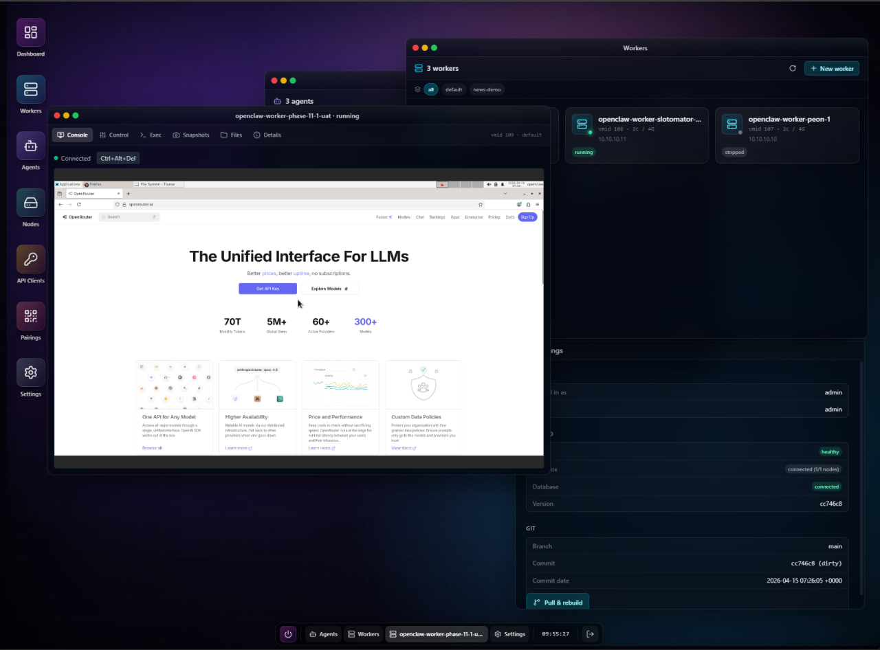 Bildschirmfoto einer dunklen Verwaltungsoberfläche mit violettem Farbverlauf im Hintergrund. Links eine schmale Symbolleiste mit den Einträgen Dashboard, Workers, Agents, Nodes, API Clients, Pairings und Settings. Rechts oben ein Fenster für Worker mit drei Kacheln, von denen eine als laufend und eine als gestoppt markiert ist. In der Mitte ein Konsolenfenster, das eine eingebettete Browsersitzung zeigt: darin die Startseite eines Anbieters für Sprachmodell-Zugänge mit Überschrift und vier Kennzahlen. Rechts darunter ein Statusbereich mit grünen Marken für Zustand und Datenbankverbindung sowie Angaben zu Branch, Commit und Commit-Datum. Am unteren Rand eine Leiste mit Schaltflächen und einer Uhrzeit.