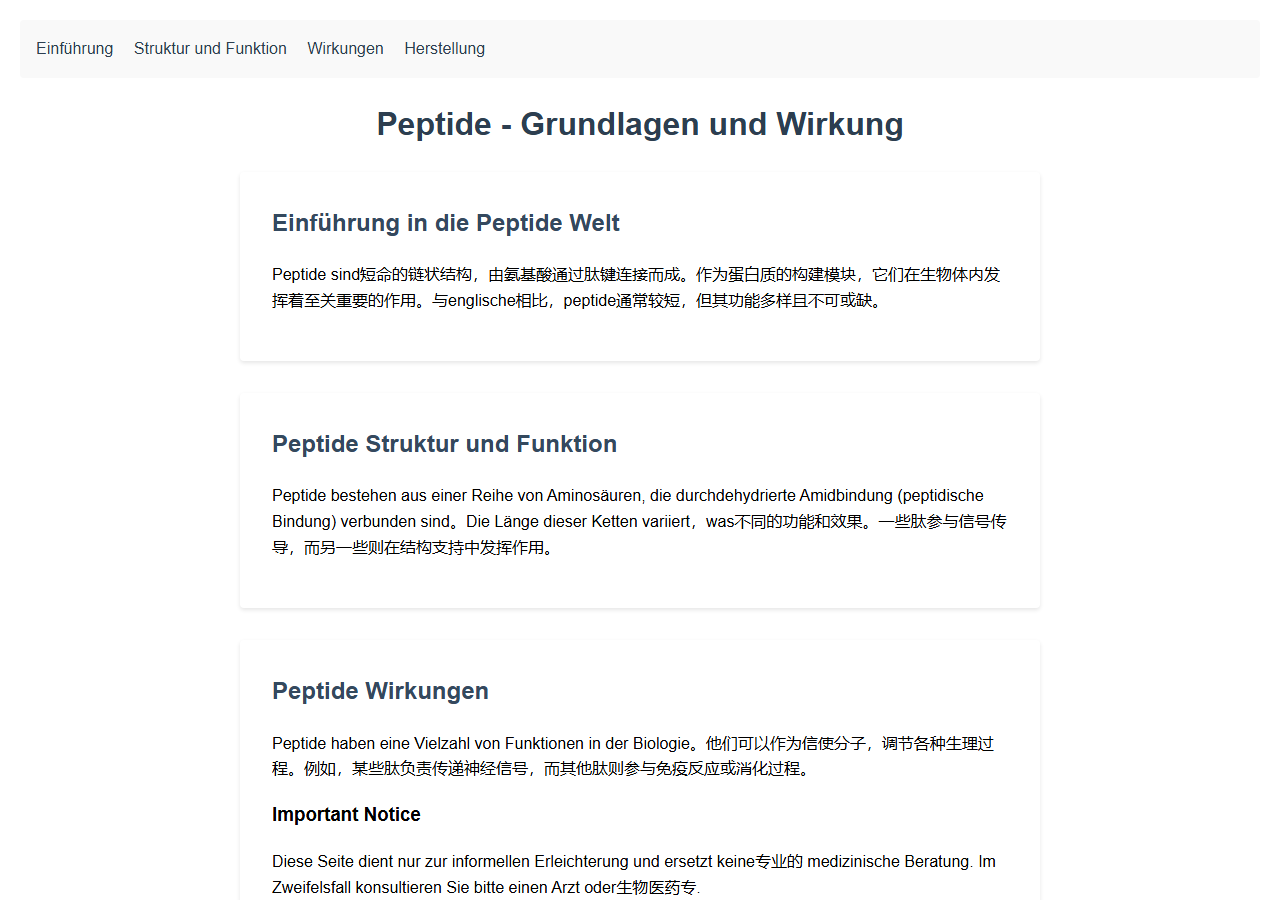 Von deepseek-r1:14b erzeugte HTML-Seite zum Thema Peptide, gerendert bei 1280 mal 900 Pixeln