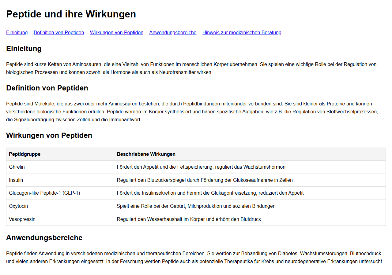 Von devstral:24b erzeugte HTML-Seite zum Thema Peptide, gerendert bei 1280 mal 900 Pixeln