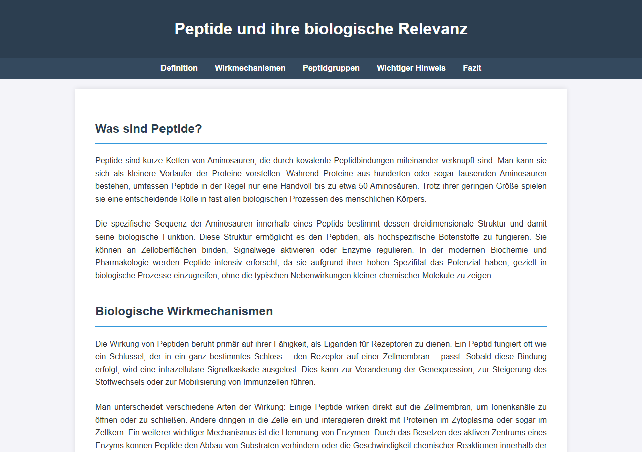 Von gemma4:26b erzeugte HTML-Seite zum Thema Peptide, gerendert bei 1280 mal 900 Pixeln