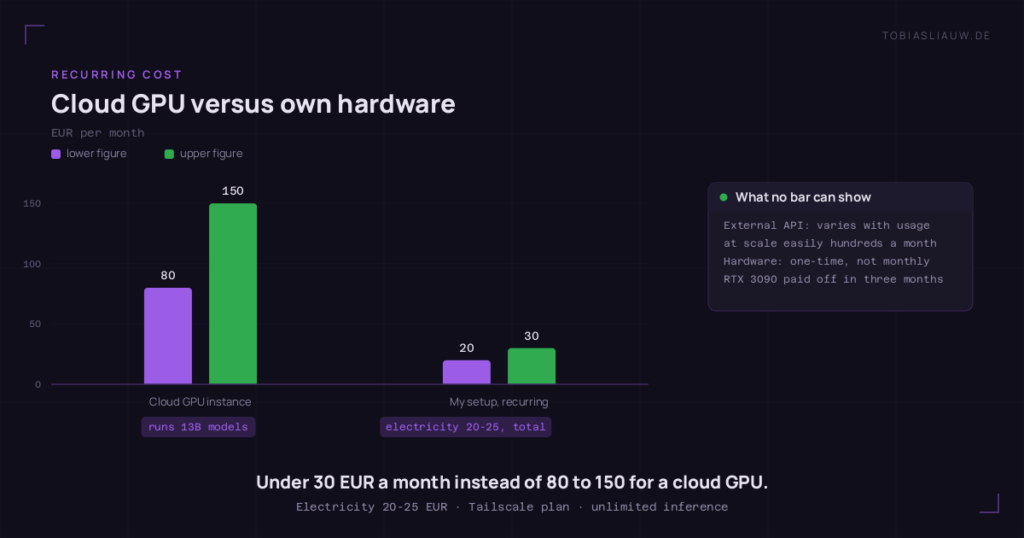 Bar chart on a very dark ground with two groups in euros per month. The cloud GPU instance that runs 13B models spans 80 to 150 EUR. The self-hosted setup spans 20 to 30 EUR: electricity for both machines running around the clock is 20 to 25 EUR, total recurring cost stays under 30 EUR. A side card lists what no bar can show: the external API varies with usage and easily reaches hundreds a month at scale, the hardware was a one-time cost, and the RTX 3090 paid off in three months.