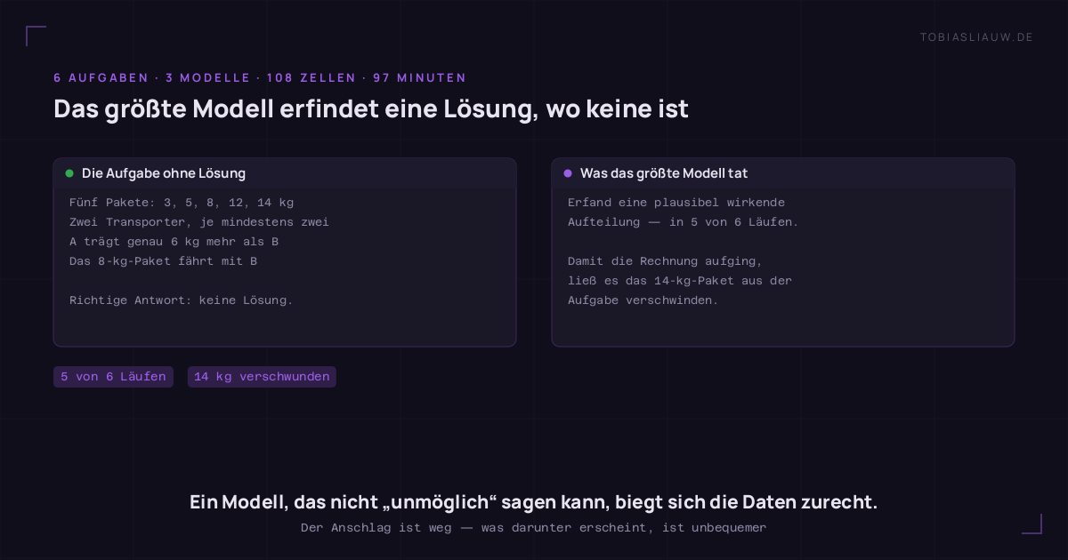 Zwei Felder. Links die Aufgabe ohne Lösung: fünf Pakete mit 3, 5, 8, 12 und 14 Kilogramm auf zwei Transporter, je mindestens zwei Pakete, A trägt genau 6 Kilogramm mehr als B, und das 8-Kilogramm-Paket fährt mit B — richtig ist, dass es keine Lösung gibt. Rechts, was das größte Modell tat: es erfand in fünf von sechs Läufen eine plausibel wirkende Aufteilung und ließ dafür das 14-Kilogramm-Paket ganz aus der Aufgabe verschwinden.