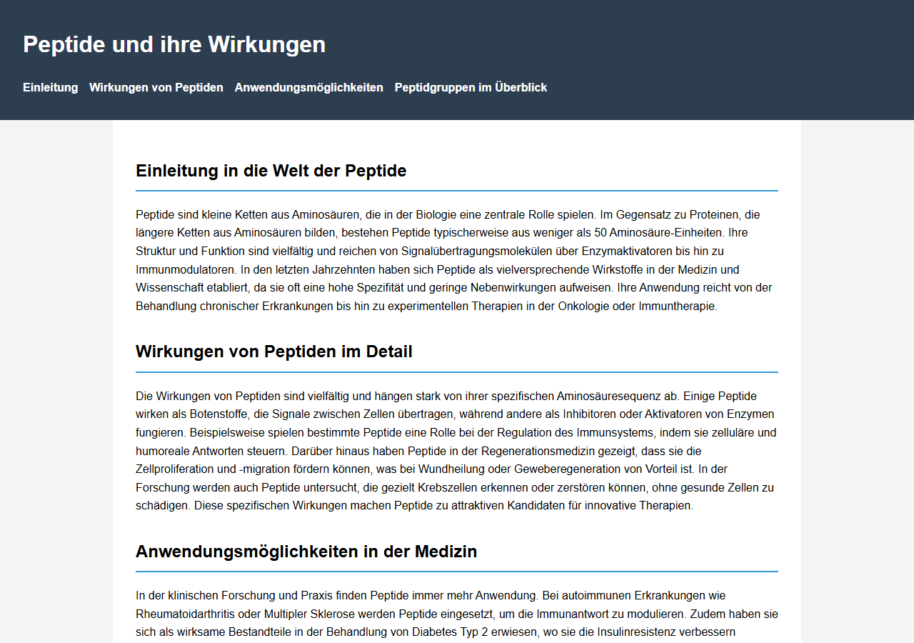 Von laguna-xs-2.1 erzeugte HTML-Seite zum Thema Peptide, gerendert bei 1280 mal 900 Pixeln