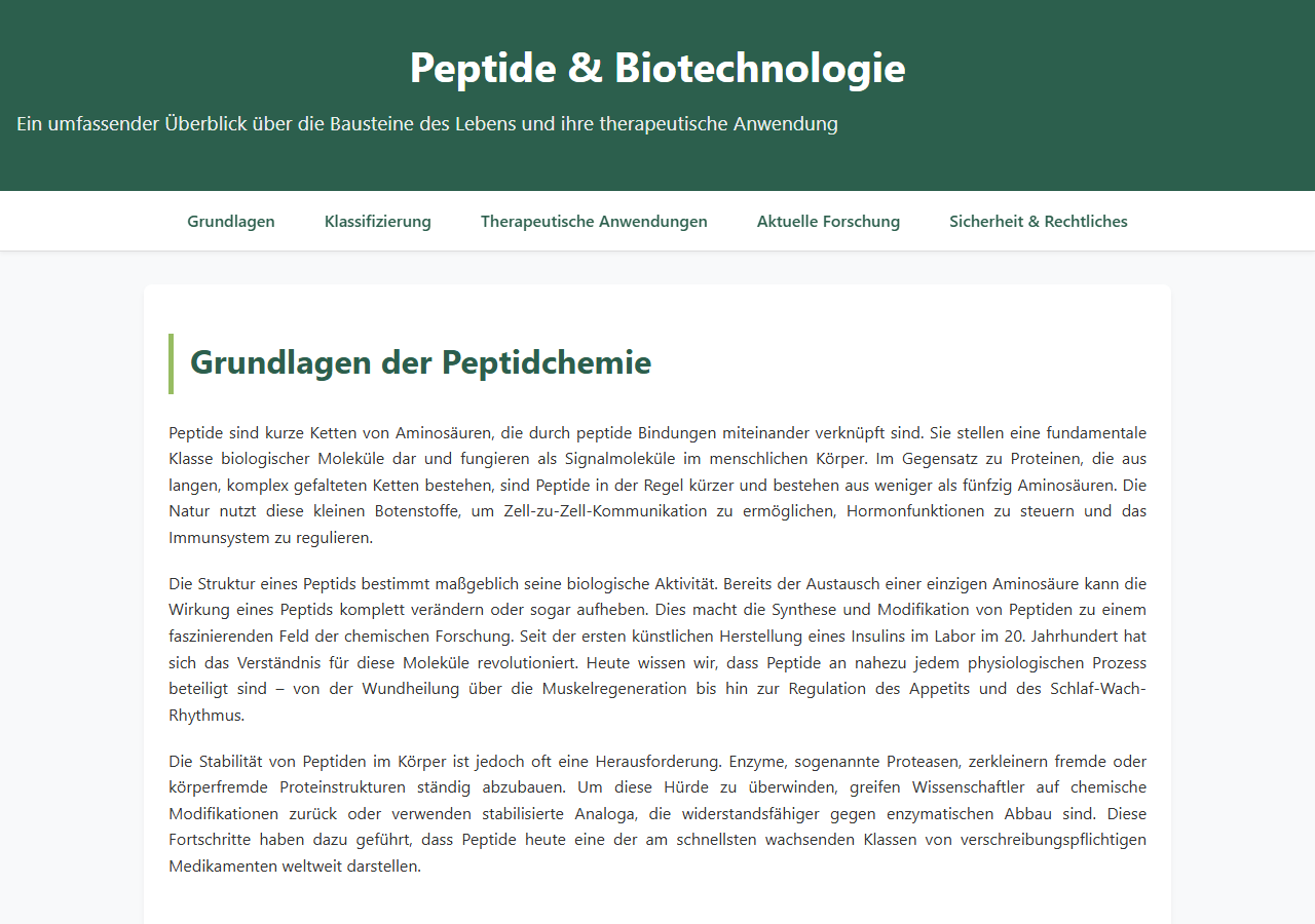 Von ornith:35b erzeugte HTML-Seite zum Thema Peptide, gerendert bei 1280 mal 900 Pixeln