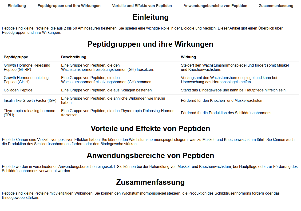 Von qwen2.5vl:7b erzeugte HTML-Seite zum Thema Peptide, gerendert bei 1280 mal 900 Pixeln