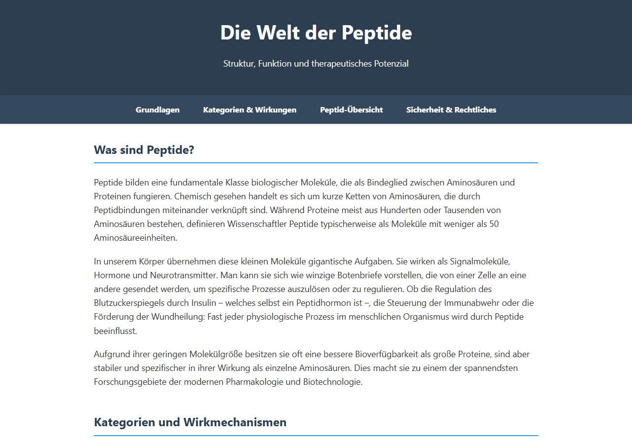 Von qwen3.6:27b erzeugte HTML-Seite zum Thema Peptide, gerendert bei 1280 mal 900 Pixeln