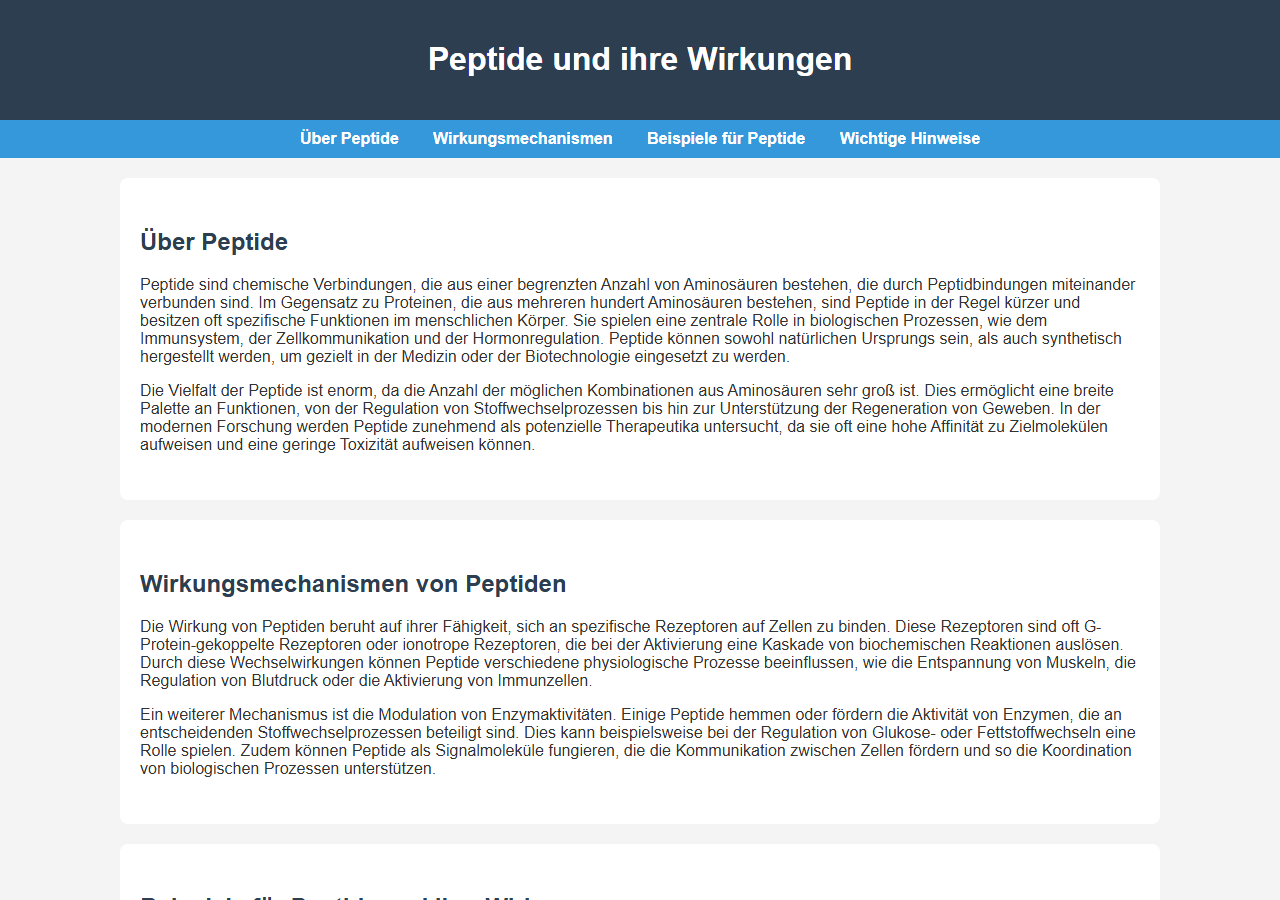 Von qwen3:8b erzeugte HTML-Seite zum Thema Peptide, gerendert bei 1280 mal 900 Pixeln