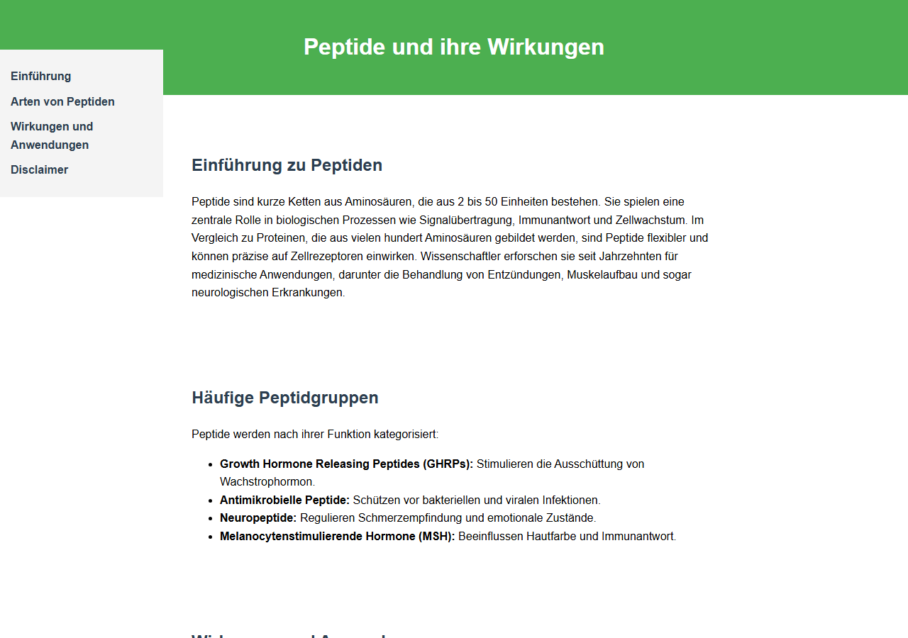 Von qwq:32b erzeugte HTML-Seite zum Thema Peptide, gerendert bei 1280 mal 900 Pixeln